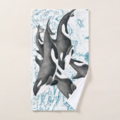 Orca Wale Familie uralt blau Badhandtuch Set (Handtuch)