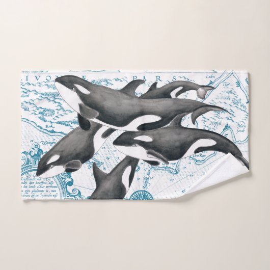 Orca Wale Familie uralt blau Badhandtuch Set (Handtuch)