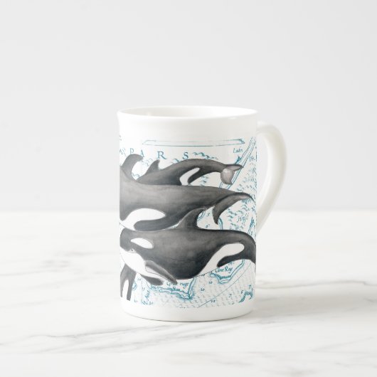 Orca Wale Familie uralt blau Porzellantasse (Vorderseite Rechts)