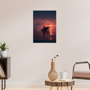 Orca Whale at Sunset - Ocean Wildlife Illustration Poster