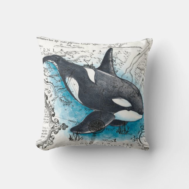 Orca Whale Blue Watercolor Schöne Karte Kissen (Vorderseite)