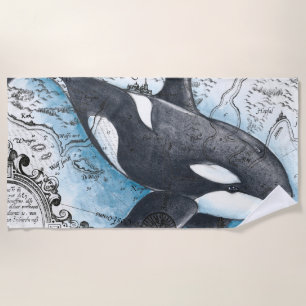 Orca Whale Blue Watercolor Schöne Karte Strandtuch