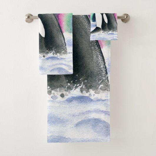 Orca Whale Galaxy Northern Lights Stars Wasserfarb Badhandtuch Set (Insitu)