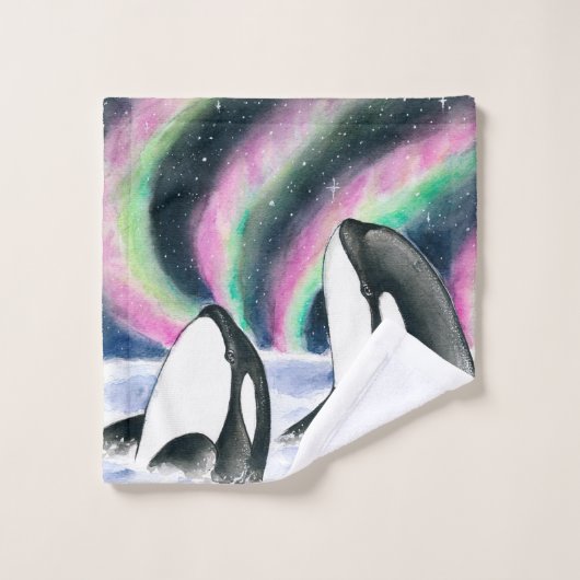 Orca Whale Galaxy Northern Lights Stars Wasserfarb Badhandtuch Set (Waschlappen)