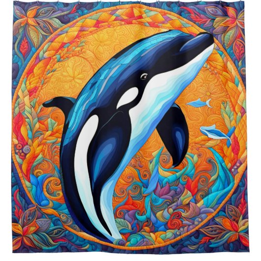 Orca Whale Leaping dekorierter Quilt Block Duschvorhang (Vorderseite)
