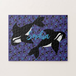 Orca Whale mit Blasen Lila blauer Hintergrund Puzzle