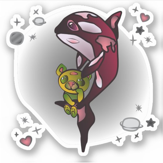 Orca Whale mit Teddy Bear im Space Graphic Design Aufkleber (Vorderseite)