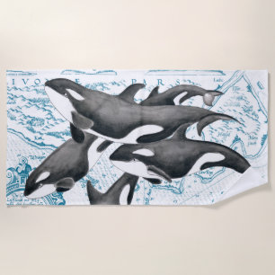 Orca Whale Vintage Karte Strandtuch