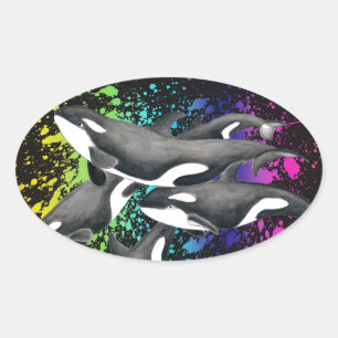 Orca Whales Watercolor Splash Black Ovaler Aufkleber