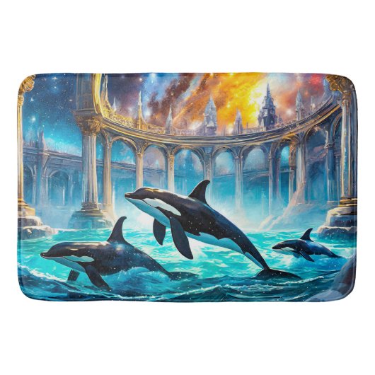Orcas in Galaxy Castle Design von Rich AMeN Gill Badematte (Vorderseite)