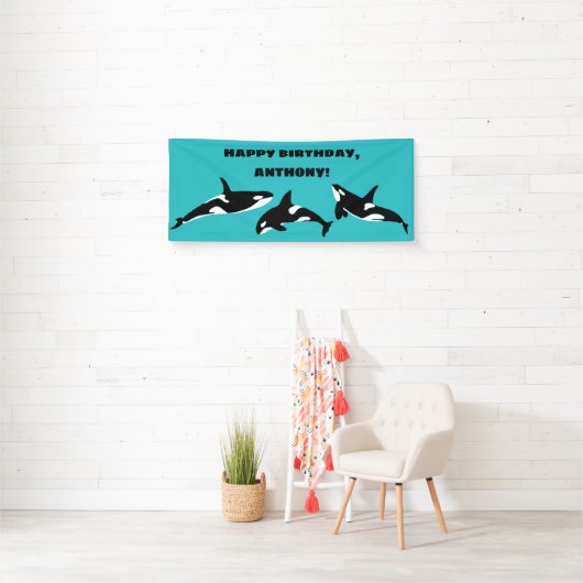 Orcas Killer Whales Aquamarin Blue Birthday Party Banner (Insitu)