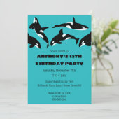 Orcas Killer Whales Aquamarin Blue Birthday Party Einladung (Stehend Vorderseite)
