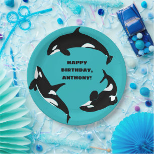 Orcas Killer Whales Aquamarin Blue Birthday Party Pappteller