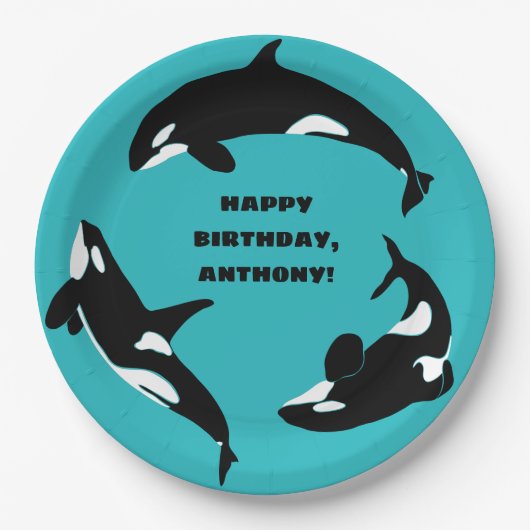 Orcas Killer Whales Aquamarin Blue Birthday Party Pappteller (Vorderseite)