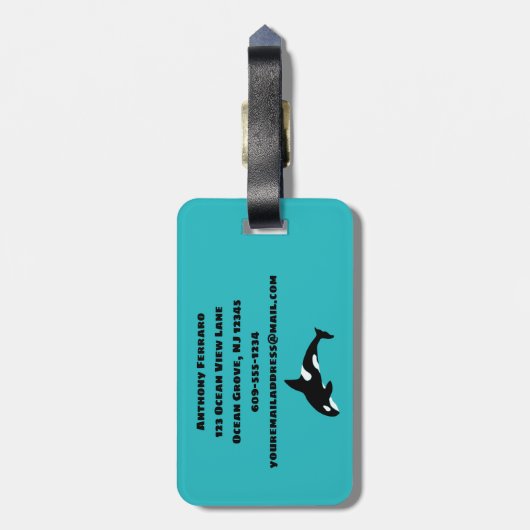 Orcas Killer Whales Aquamarin Blue Personalisiert Gepäckanhänger (Rückseite vertikal)