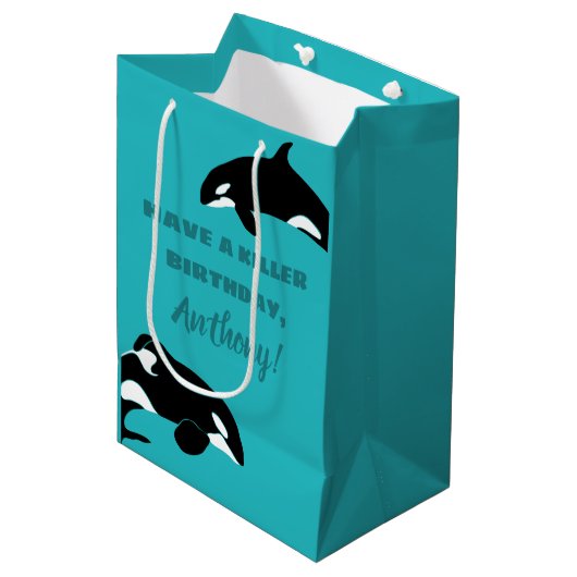 Orcas Killer Whales Aquamarin Blue Personalisiert Mittlere Geschenktüte (Vorderseite Schrägansicht)
