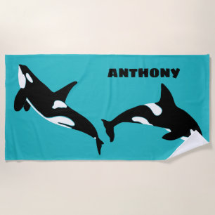 Orcas Killer Whales Aquamarin Blue Personalisiert Strandtuch