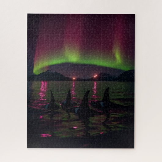 Orcas Swim in Lila Aurora - Killerwal Puzzle (Vertikal)