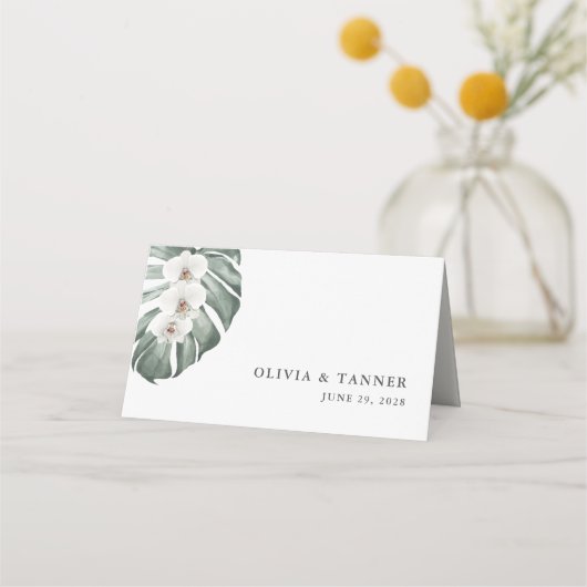 Orchid auf der Tropischen Hochzeit von Monstera Platzkarte (Rückseite)
