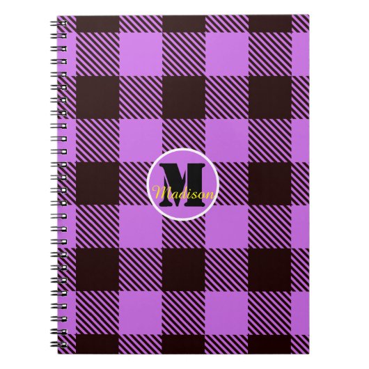 Orchid Black Kariert Tartan Monogram Script Name Notizblock (Vorderseite)