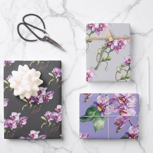 Orchid Blume Aquarell lila grau exotische Blüte Geschenkpapier Set (Vorderseite)