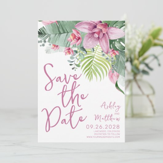 Orchid Blume Tropical Wedding Save The Date (Stehend Vorderseite)