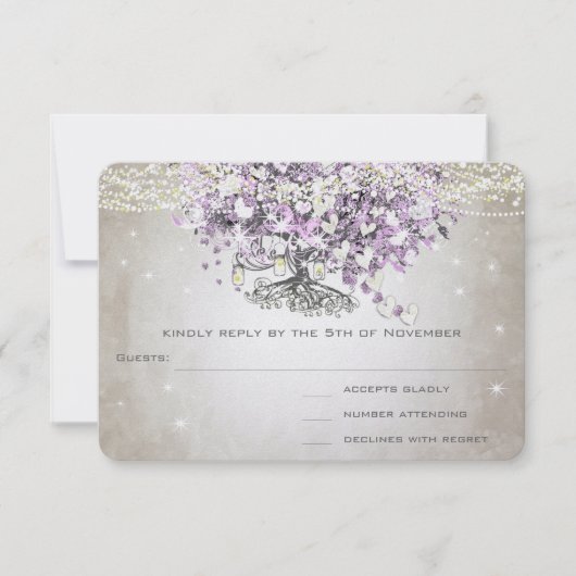 Orchid Blush Lavender Heart Leaf Tree Wedding RSVP Karte (Vorderseite)