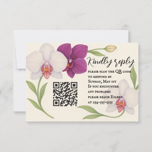 Orchid Embrase QR Code RSVP Karte (Vorderseite)