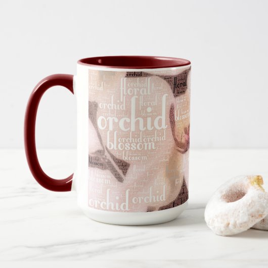 Orchid Floral Blossom Typografie Word Cloud Tasse (Mit Donut)