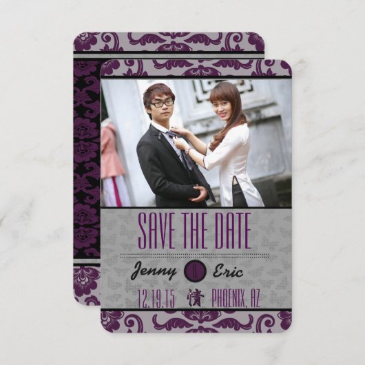 Orchid Grey Chinese Brocade Save the Date (Vorne/Hinten)