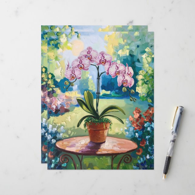 Orchid in einem botanischen Pot-Malerpapier (Vorderseite/Rückseite Beispiel)