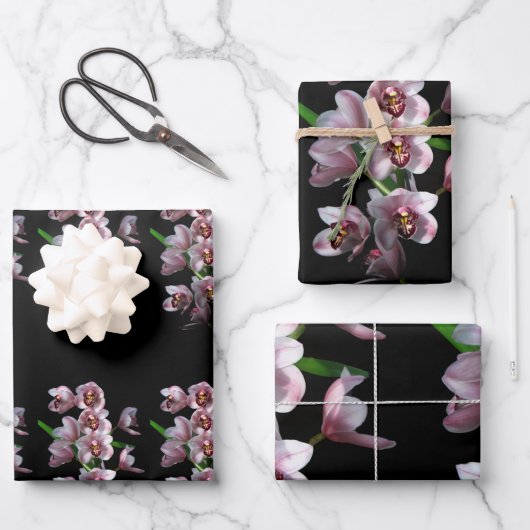 Orchid Insanity auf schwarz Geschenkpapier Set (Vorderseite)