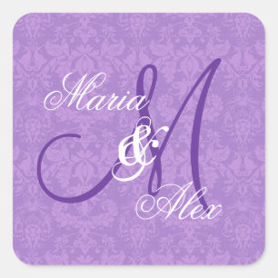 Orchid Lila Damask Wedding Monogram S530A Quadratischer Aufkleber