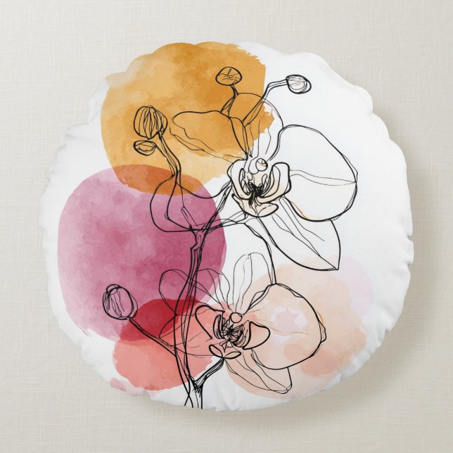 Orchid Line Art Round Throw Kissen - Minimalistisc (Vorderseite)