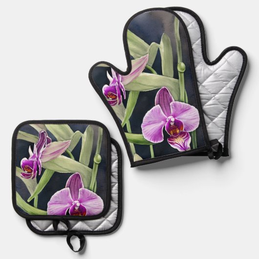 Orchid Oven Mitt and Pot Holder Set (Vorderseite/Rückseite)