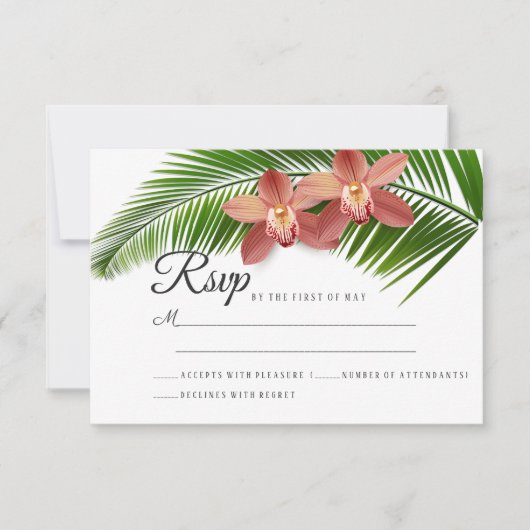 Orchid & Palm Leaf Tropical Floral Wedding RSVP Karte (Vorderseite)