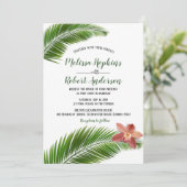 Orchid & Palmblättrige Hochzeitsinspekte mit tropi Einladung (Stehend Vorderseite)