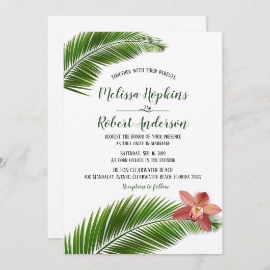 Orchid & Palmblättrige Hochzeitsinspekte mit tropi Einladung (Vorne/Hinten)