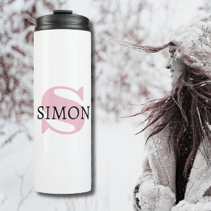 Orchid Pink Initial und Black Name   Modern Thermosbecher