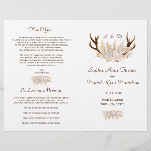Orchid Rose Pampas Grass Antlers Hochzeitsprogramm (Vorne)
