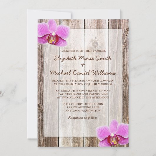 Orchid Rustic Barn Wood Wedding Einladungen (Vorderseite)