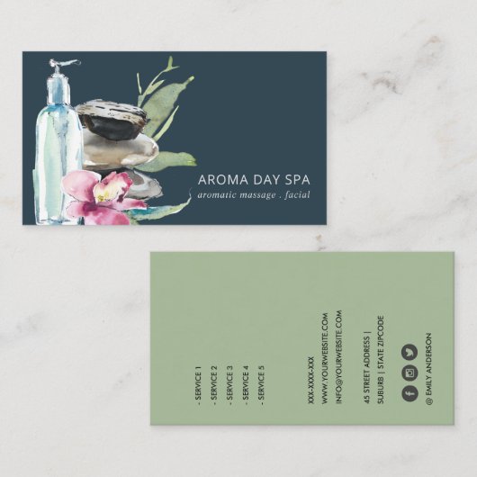 ORCHID STONE NAVY WATERCOLOR WELLNESS-CENTER MASSA VISITENKARTE (Vorne/Hinten)
