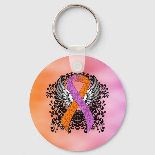 Orchid und Orange Awareness Ribbon mit Flügeln Schlüsselanhänger (Vorderseite)