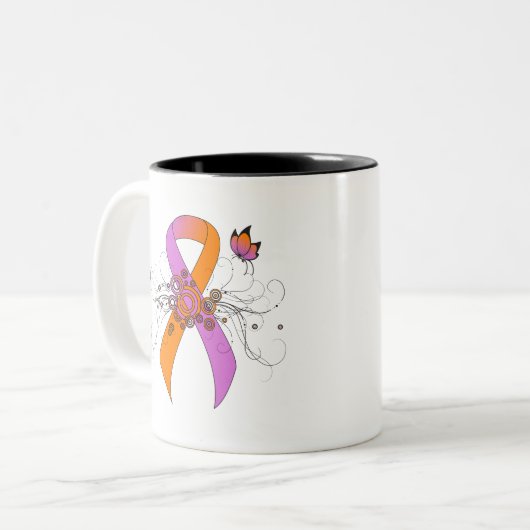 Orchid und Orange Awareness Ribbon mit Schmetterli Zweifarbige Tasse (Vorderseite Links)
