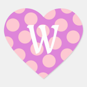 Orchid und Pink Polka Dots White Modern Monogram Herz-Aufkleber