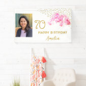 Orchid Watercolor Gold Glitter 70th Birthday Photo Banner (Insitu)