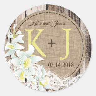 Orchid Wood Lace Rustic Monogram Wedding Label Runder Aufkleber