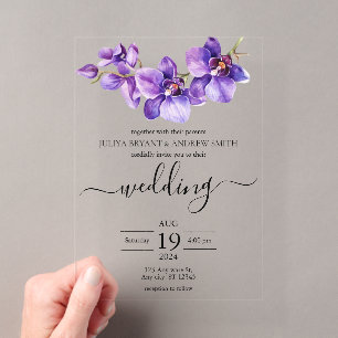 Orchidee lila und weiß Script-Hochzeit Acryleinladungen