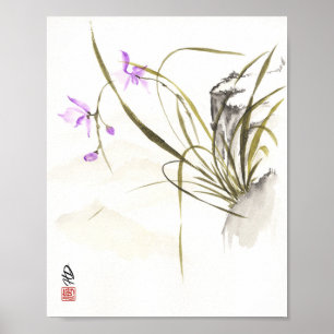 Orchidee neben dem alten Felsen Chinesische Pinsel Poster