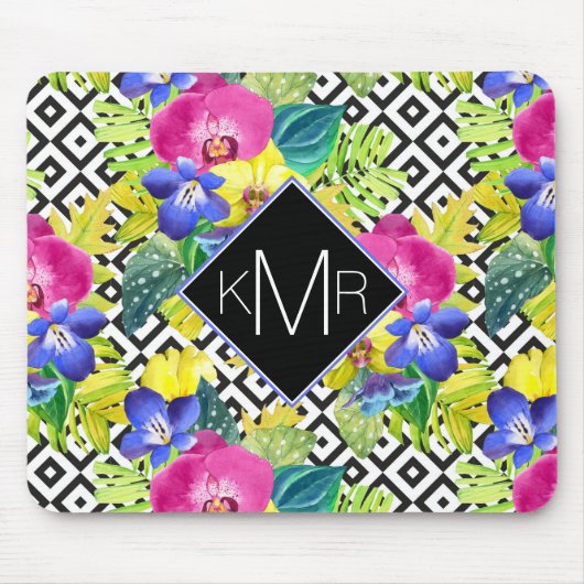 Orchideen-Begonie und Monogramm der Palmblatt-| Mousepad (Vorne)